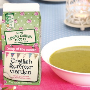 New Covent Garden Foods Soup of the Month packaging range - English Summer Garden. Cambridge design agency, Cambridge photography, illustration, typography, Cambridge print, design, packaging, photography, advertising, printed materials, website design, 3D animation,